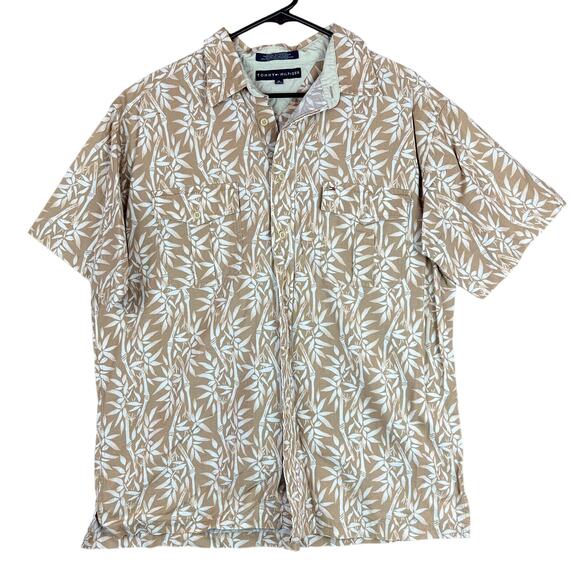 Tommy Hilfiger Mens Shirt Brown Bamboo Leaf Print Camp Button Up Cotton XL - Picture 1 of 11